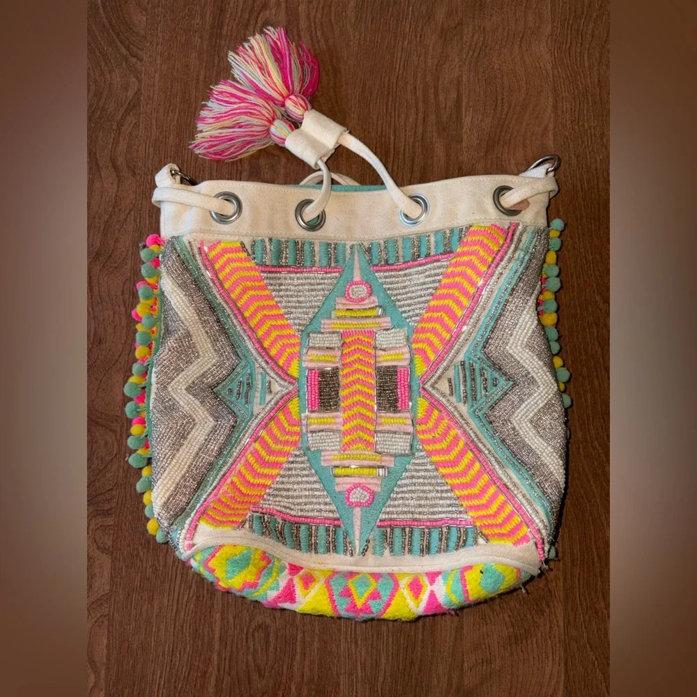 Embroidered Boho Bucket Bag with Pink and Turquoise Accents